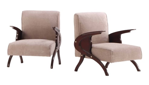 PAIR OF ITALIAN MAHOGANY LOUNGE CHAIRS WITH FLOATING ARMS AND NEW FABRIC.