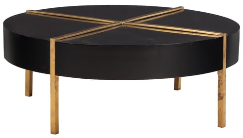 UNUSUAL EBONIZED WOOD COFFEE TABLE HAVING A BRONZE STRUCTURE CUT INTO THE TOP C 1950.
