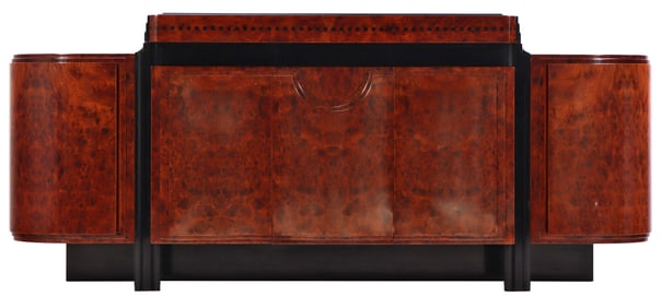A SIGNED ROCHE BOBOIS BURL WOOD BAR CABINET OR SERVER HAVING FOUR DOORS AND CENTRAL LIFT LID OPEN