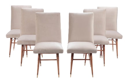 SIX FULLY UPHOLSTERED DINING CHAIRS C 1950 WITH RECENT FABRIC