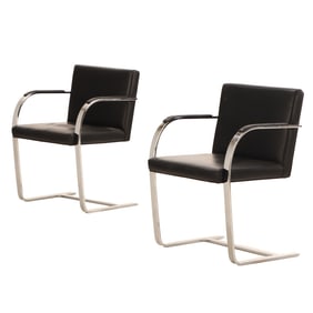 PAIR BRNO STYLE ARM CHAIRS WITH LEATHER UPHOLSTERY, C 1975. UNMARKED.