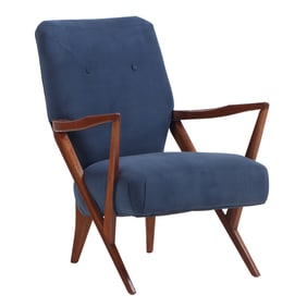 SINGLE MAHOGANY OPEN ARM CHAIR C 1950 IN THE MANNER OF KAGAN HAVING NEW FABRIC.