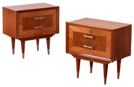 PAIR TWO TONE MAHOGANY NIGHTSTANDS EACH HAVING TWO DRAWERS C 1955.