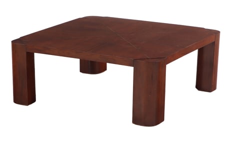 MAHOGANY AND BRASS INLAID COFFEE TABLE C 1960 HAVING ROUNDED LEGS.
