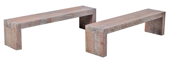 PAIR WHITE WASHED PINE BENCHES WITH LARGE DOVETAIL CONSTRUCTION.