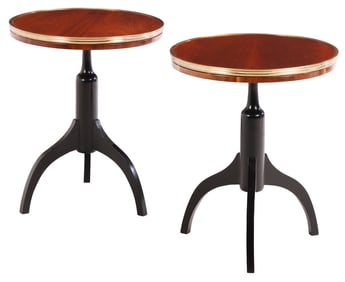 A PAIR OF MAHOGANY SIDE TABLES HAVING BRASS TRIM BURL WOOD TOPS AND RESTING ON TRIPOD LEGS.
