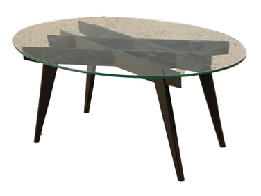EBONIZED WOOD AND GLASS COFFEE TABLE IN THE MANNER OF GIO PONTI.