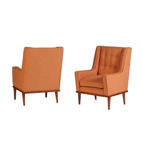 PAIR OF UPHOLSTERED LOUNGE CHAIRS IN THE MANNER OF ROBSJOHN-GIBBINGS HAVING NEW FABRIC.