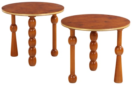 UNUSUAL PAIR OF BURLWOOD DRINKS TABLES WITH TURNED LEGS AND BRASS BOUND TOPS.