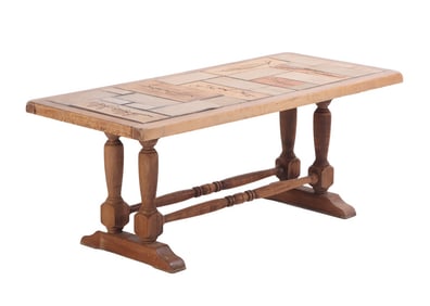 FRENCH OAK AND TILE COFFEE TABLE ATTRIBUTED TO ROGER CAPRON C 1960.