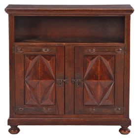 RUSTIC MODERN TWO DOOR OAK CABINET WITH METAL MOUNTS C 1950.