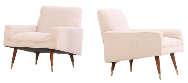 PAIR OF UPHOLSTERED ITALIAN LOUNGE CHAIRS WITH WOODEN LEGS C 1950 HAVING NEW FABRIC.