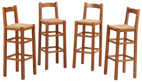 FOUR FRENCH OAK AND RUSH BAR STOOLS C 1960.