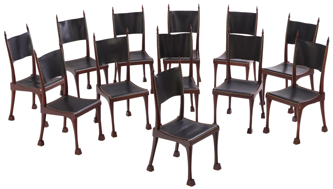 TWELVE SOLID MAHOGANY AND LEATHER DINING ROOM CHAIRS. (1 of 10)