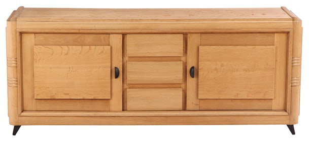 FRENCH OAK SIDEBOARD IN THE MANNER OF CHARLES DUDOUYT C 1940 HAVING TWO DOORS AND THREE DRAWERS