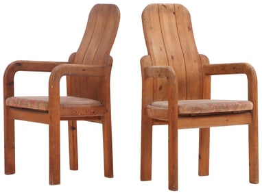 A PAIR OF FRENCH PINE BRUTALIST STYLE OPEN ARM CHAIRS C 1960.