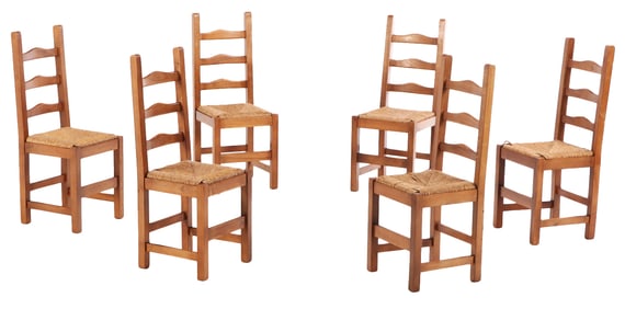 SIX FRENCH OAK AND RUSH DINING CHAIRS C 1950.