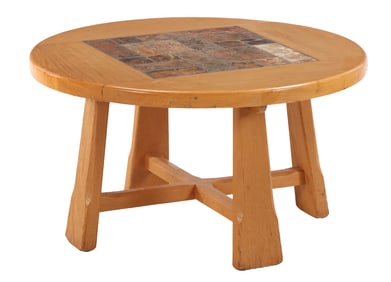 FRENCH BRUTALIST STYLE ROUND OAK AND STONE TOP COFFEE TABLE C 1960.