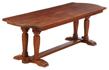 FRENCH OAK BRUTALIST STYLE FARM TABLE WITH SLAB TOP AND TURNED LEGS C 1960.