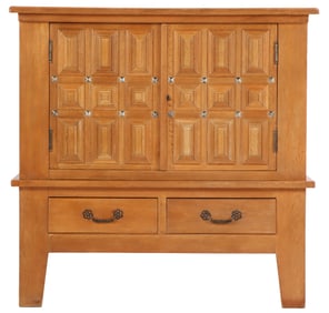 TWO PIECE OAK BAR CABINET WITH METAL MOUNTS IN THE BRUTALIST STYLE C 1960.