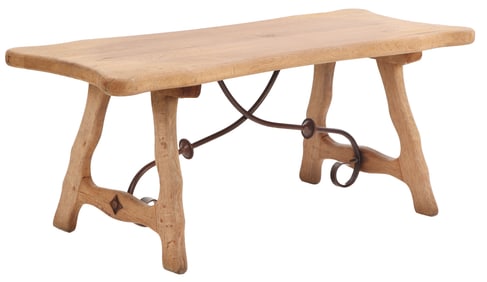 FRENCH OAK BRUTALIST STYLE COFFEE TABLE WITH IRON STRETCHER C 1960.
