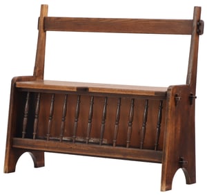 FRENCH OAK LIFT LID BENCH WITH SPINDLE DESIGN AND MORTIS AND TENON CONSTRUCTION C 1940,
