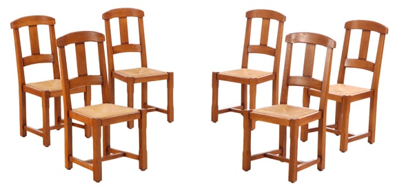 SIX FRENCH OAK AND RUSH CHAIRS IN THE BRUTALIST STYLE C 1945.