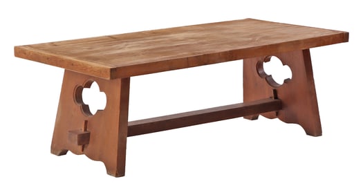 FRENCH OAK BRUTALIST STYLE TABLE HAVING A THICK TOP AND STRETCHER BASE C 1945. DISMANTLES.