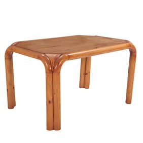 PINE CLUSTER COLUMN TABLE OR DESK C 1960 WITH EXOTIC WOOD CORNERS.