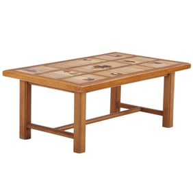 FRENCH TILE TOP COFFEE TABLE DEPICTING BIRDS AND FLORAL MOTIFS C 1965.