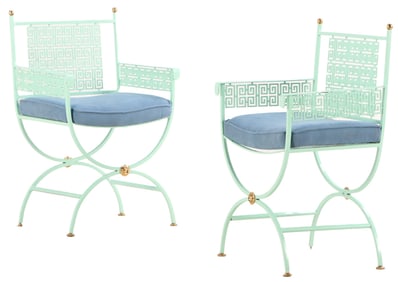 PAIR OF PAINTED IRON AND BRASS CURULE FORM CHAIRS WITH GREEK KEY DESIGN IN THE MANNER OF JANSEN.