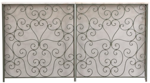 FRENCH TWO PIECE IRON AND MARBLE CONSOLE TABLE HAVING WHITE MARBLE TOPS AND SCROLL DETAILS C