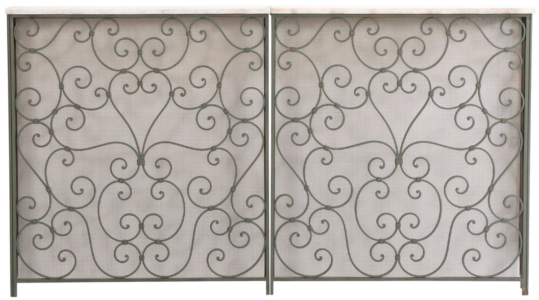 FRENCH TWO PIECE IRON AND MARBLE CONSOLE TABLE HAVING WHITE MARBLE TOPS AND SCROLL DETAILS C: French two piece iron and marble console table having white marble tops and scroll details C 1945. Ht: 40" Wd: 36.5" Dpth: 7"