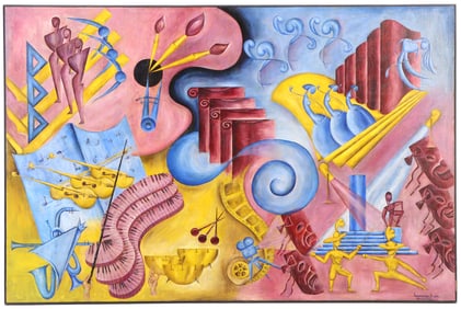 LAWRENCE H SIN "ARTS OF THE CINEMA" LARGE FORMAT ART DECO PERIOD PAINTING, OIL ON CANVAS, SIGNED