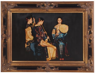 AFTER CHEN YIFEI (CHINESE 1946-2005) "THREE SHANGHAI LADIES PERFORMING" FRAMED EMBELLISHED