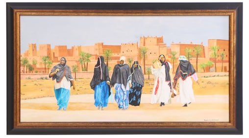 PIERRE AYOUB BOISSE (FRENCH-MOROCCAN B. 1944) SIGNED PAINTING ON BOARD DEPICTING SETTLING PEOPLE