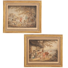 A PAIR OF ANTIQUE MEZZOTINT FOX HUNTING ENGRAVINGS AFTER GEORGE MORLAND.