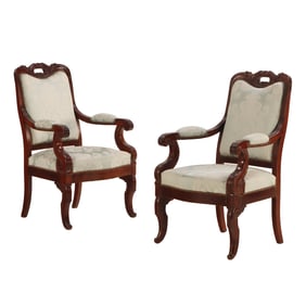 PAIR CARVED NINETEENTH CENTURY OPEN ARM CHAIRS IN EXCELLENT SILK UPHOLSTERY.