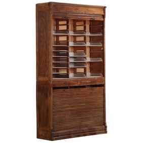 LARGE TWO PART OAK TAMBOUR FILE CABINET IN TWO PIECES C 1890. BOTTOM LOCK IN NEED OF REPAIR.