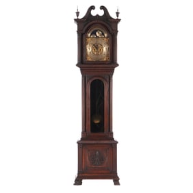 A FEDERAL STYLE OAK  BROKEN ARCH TALL CASE CLOCK.