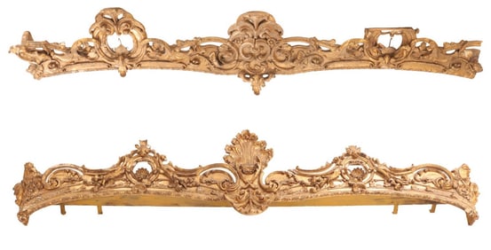 TWO EXTRA LARGE VICTORIAN ORNATE CARVED GILTWOOD AND GESSO VALANCES.