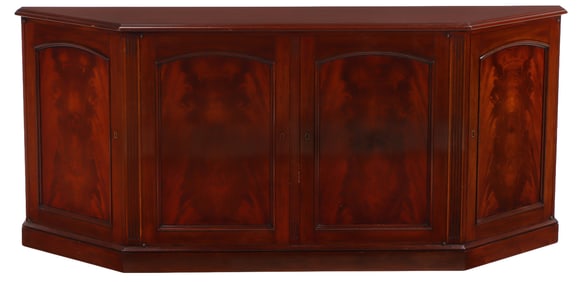 CROTCH MAHOGANY FOUR DOOR SIDEBOARD WITH FITTED INTERIOR C 1950.