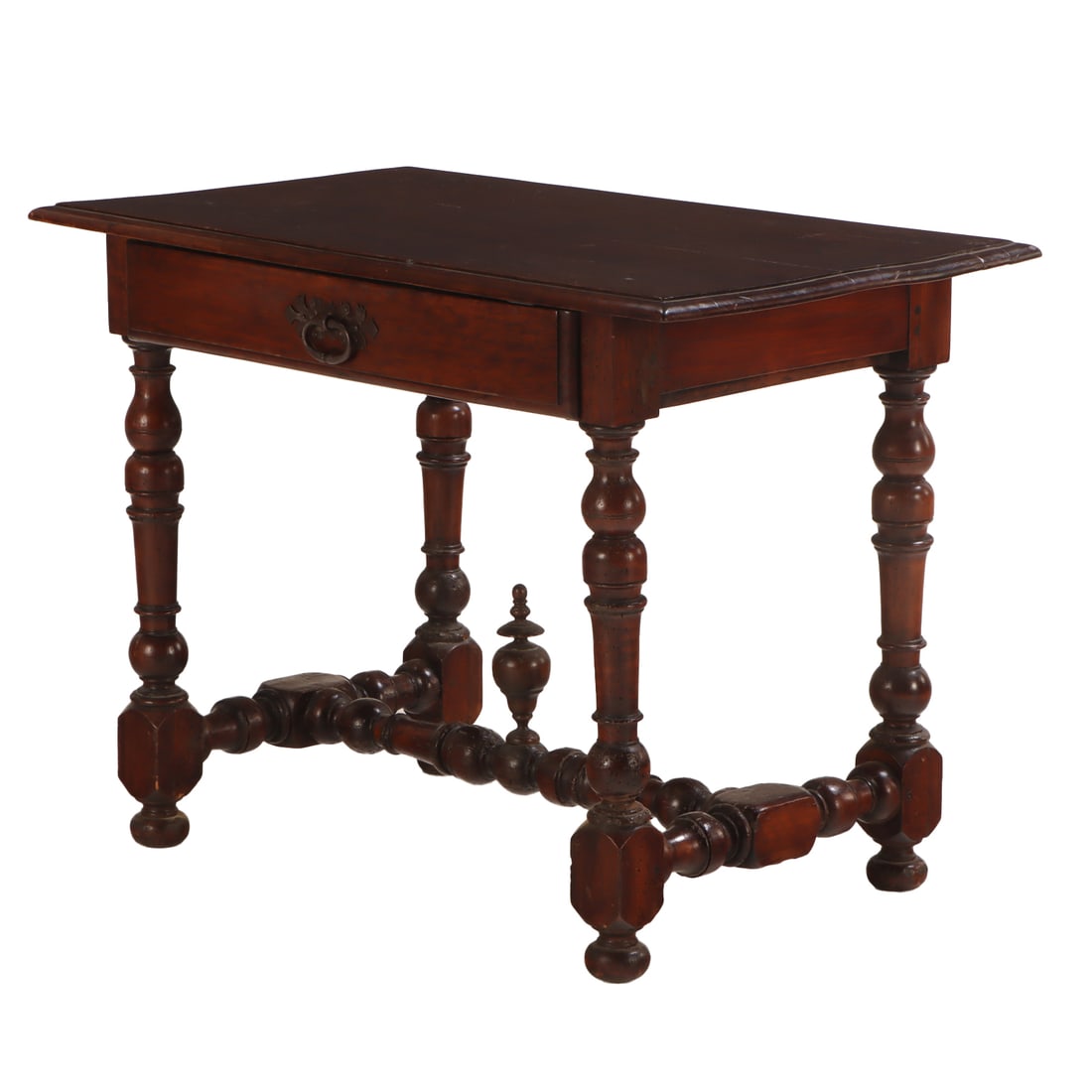 CONTINENTAL EIGHTEENTH CENTURY TURNED WALNUT TABLE HAVING A SINGLE DRAWER.: Continental eighteenth century turned walnut table having a single drawer. Ht: 28.5" Wd: 38" Dpth: 23"