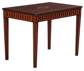 INLAID MAHOGANY FLIP TOP GAMES TABLE HAVING A FELT SURFACE AND A BACKGAMMON BOARD C 1950.