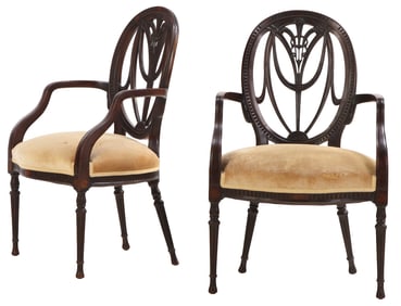 PAIR SOLID MAHOGANY HEPPLEWHITE STYLE INLAID SHIELD BACK ARM CHAIRS C 1920.