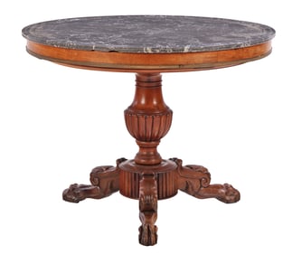 FRENCH MAHOGANY NINETEENTH CENTURY EMPIRE CENTER TABLE HAVING CARVED LEGS AND AN ORIGINAL GREY