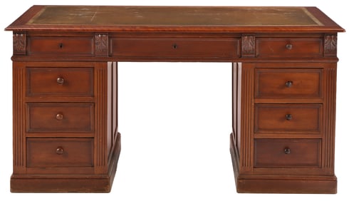 THREE PART MAHOGANY NINETEENTH CENTURY DOUBLE PEDESTAL PARTNERS DESK HAVING AN EMBOSSED LEATHER