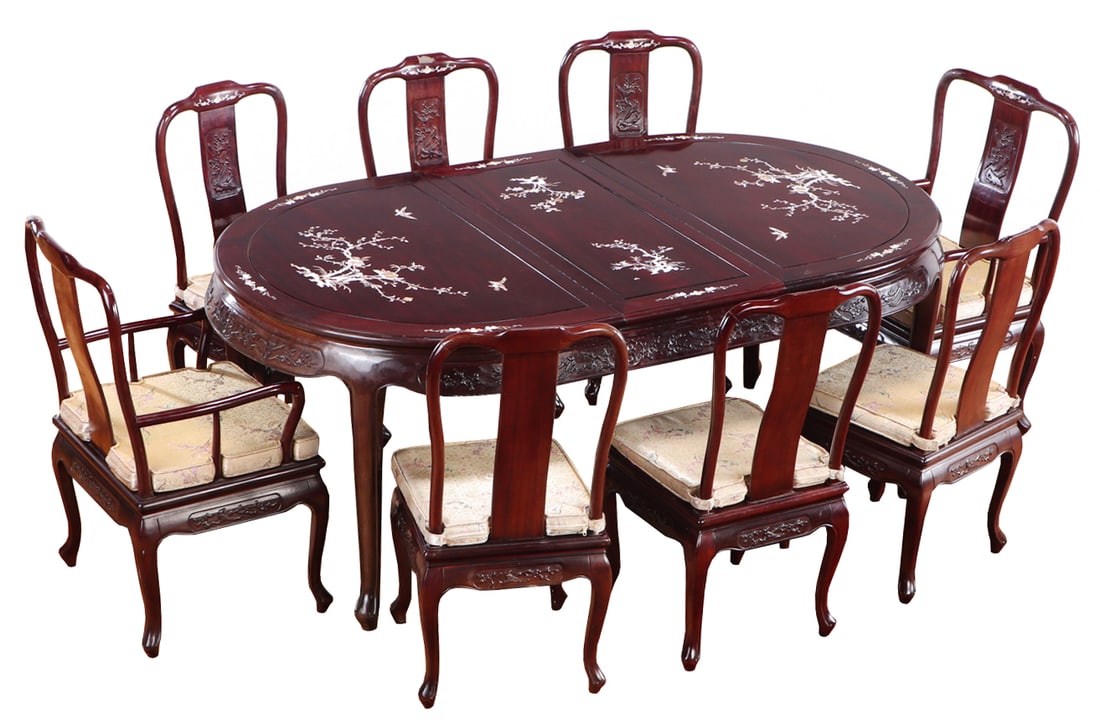 ASIAN STYLE ROSEWOOD AND MOTHER OF PEARL INLAID DINING TABLE WITH TWO LEAVES ALONG WITH EIGHT (1 of 9)