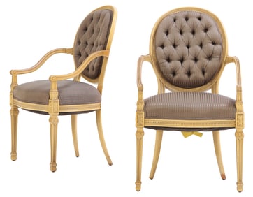 PAIR PAINTED HEPPLEWHITE STYLE OPEN ARM CHAIRS C 1940.