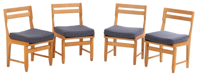 FOUR FRENCH OAK "RAPHAEL" DINING CHAIRS C 1960 DESIGNED BY GUILLERME AND CHAMBRON.